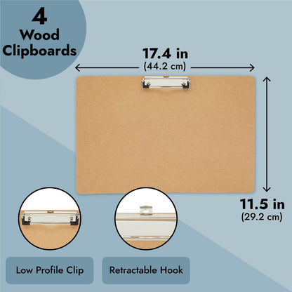 Juvale Clipboard - 11.5 x 17.4 in, Brown MDF, 4-Pack - Wood Clipboard Set with Low-Profile Metal Clip & Retractable Hook - Oversized & Portable for Drafting Board & Sketch Board Use