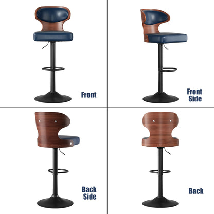 Daluvenix Bar Stools Set of 4 Adjustable Height Swivel Bar Stools Faux Leather Upholstered Bentwood Barstools with Back & Footrest Bar Chair for Dining Room Kitchen Blue