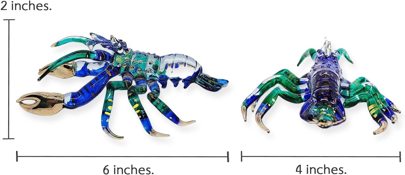 6" Tiny Blue Green Gold Dots Lobster Figurine - Miniature Hand Blown Painted Glass Shrimp Prawn Crustacean Crystal Sea