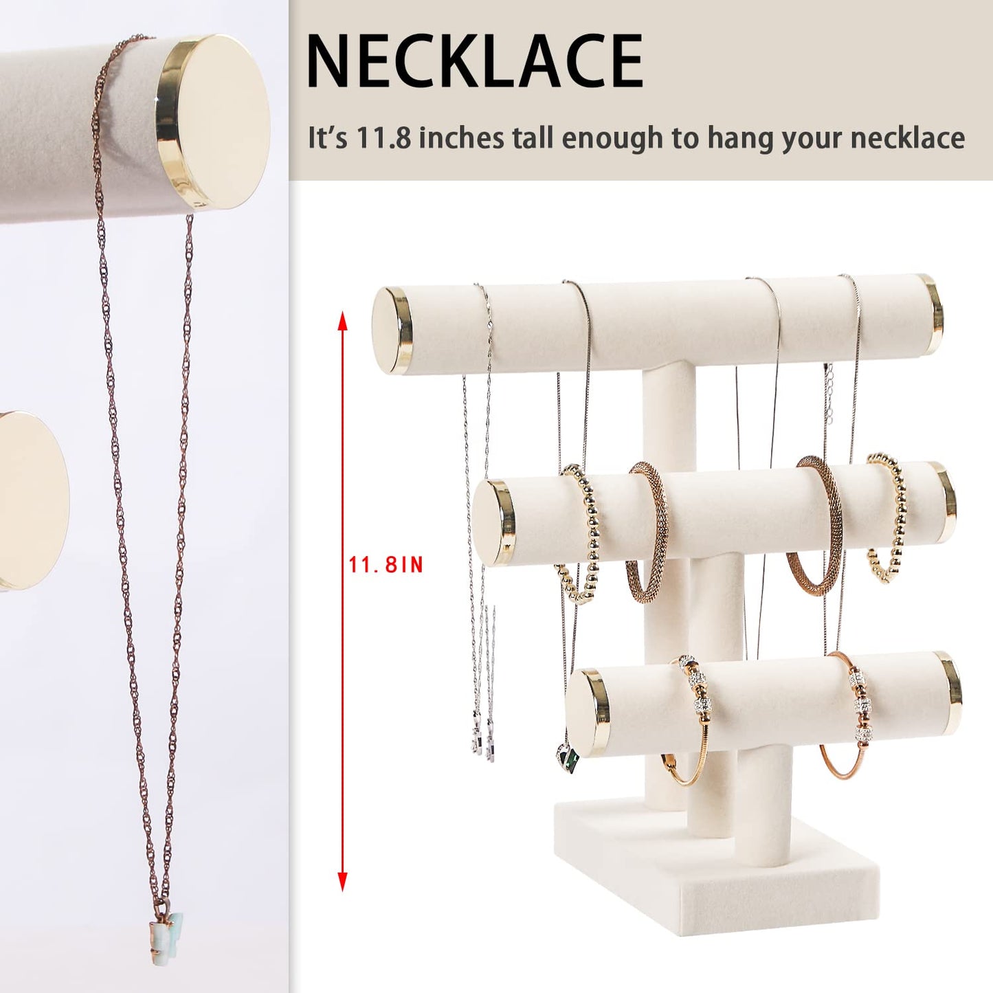 Pengup 3 Tier Bracelet Holder,Bracelet Display Stand with Metal Cap,Beige White Velvet Jewelry Organizer Displays for Necklace Scrunchies Watches Hair Ties.