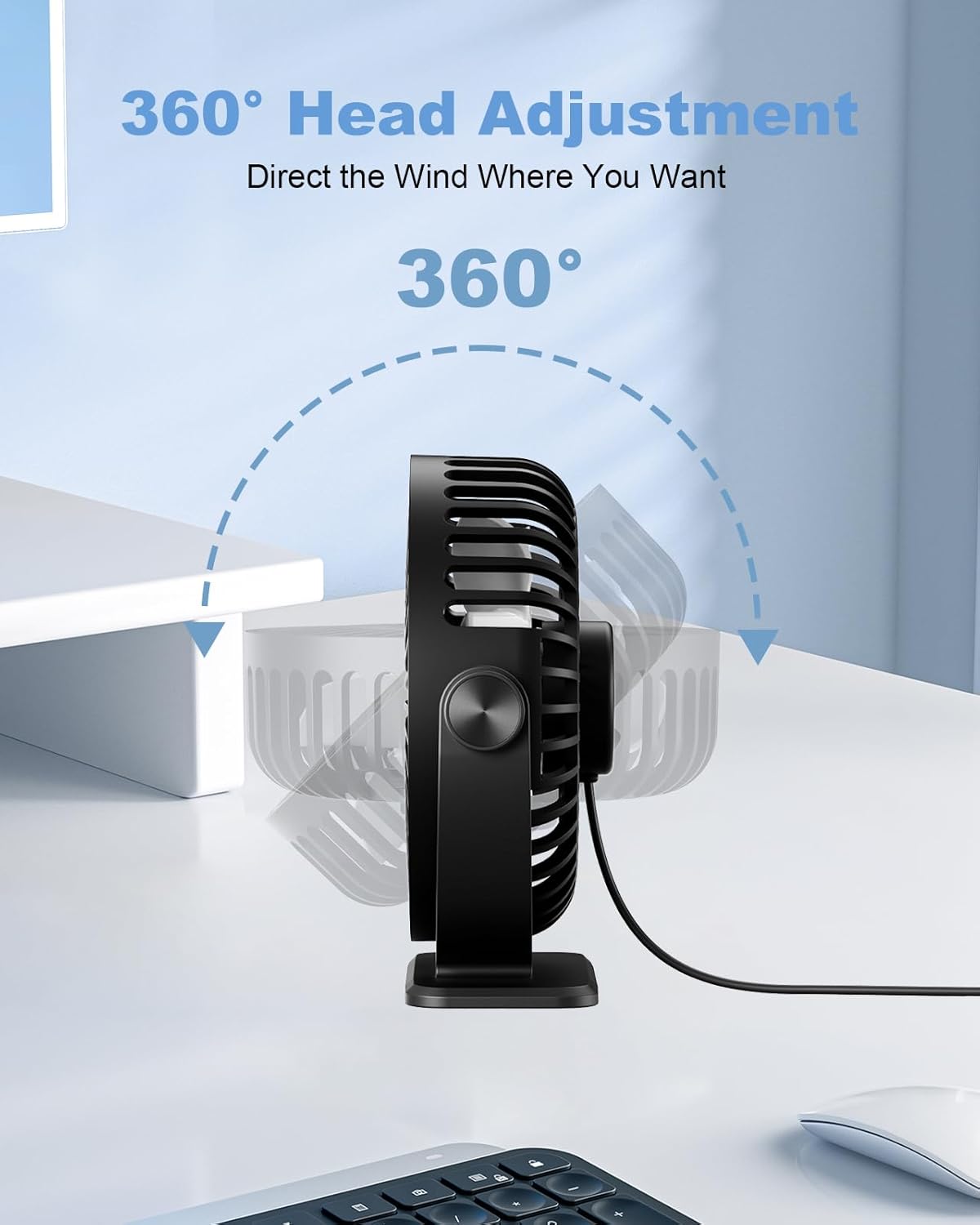 TriPole USB Powered Desk Fan - Portable Mini Fan with 3 Speeds & 360° Rotation | Quiet for Home & Office, Black