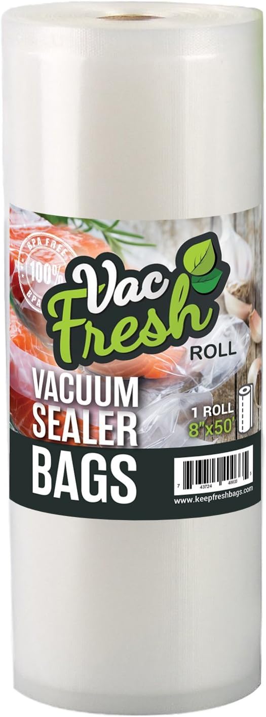 Vac Fresh Food Vacuum Sealer Rolls (8" x 50', 1 Roll), 3.5mil VF850 Embossed Food Storage Bags