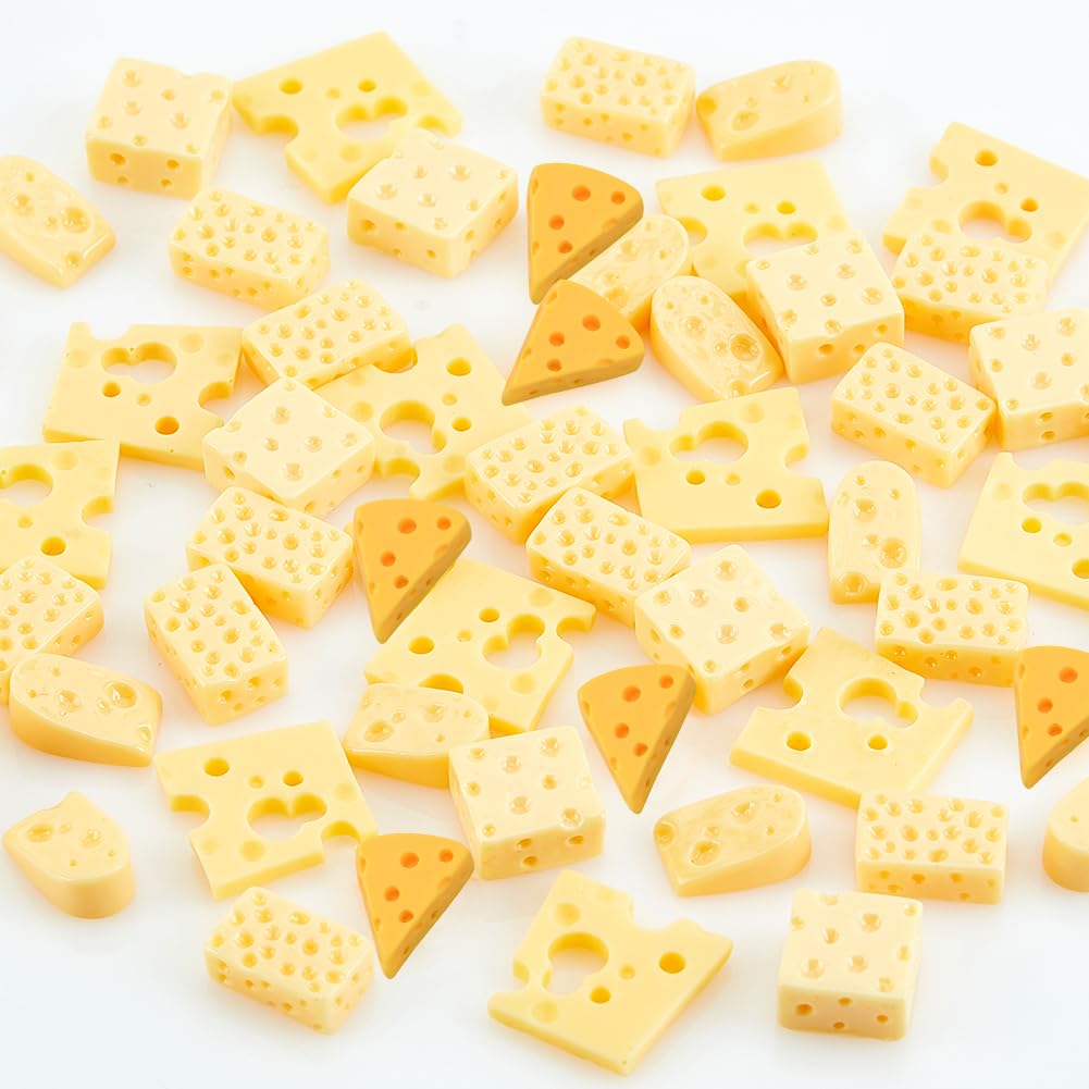 CHGCRAFT 100Pcs 5 Styles Miniature Kitchen Food Cheese Resin Simulation Cheesecake Models Gold Artificial Food DIY Decor Ornament for Dollhouse Kitchen Decoration DIY Accessory, 20x20x3mm