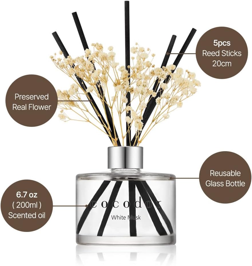 COCODOR 2 Pack Preserved Real Flower Reed Diffuser Set, 6.7oz (200ml) Rose Perfume, Oil Diffuser & Sticks