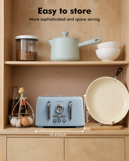 LONGDEEM 4-Slice Retro Toaster, 1.6" Extra-Wide Slots, 6 Browning Levels, Bagel/Defrost/Cancel, Stainless Steel, Compact Blue