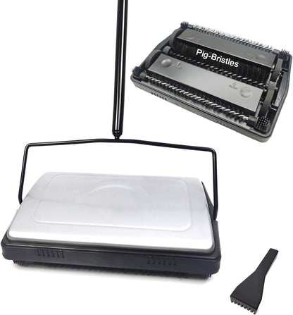 EZ SPARES Quiet Floor Sweeper with Pig-Bristles, Strong Roller Brush for Carpet Cleaning, Great for House, Office,