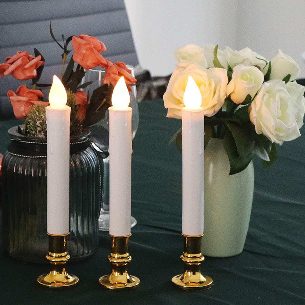 Wondise White Flameless Window Candles with Remote and Timer, Battery Operated Flameless Flickering Window Candles with Gold Holders and Suction Cups Christmas Window Decoration(9”, Set of 4)
