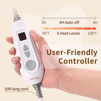 Bearhug Electric Blanket King Size 100" x 90", Dual Controller Heated Blanket, White Flower Patterns Faux Fur & Warm Sherpa, 10-Heat Levels & 1-12H Auto Off,ETL, Machine Washable