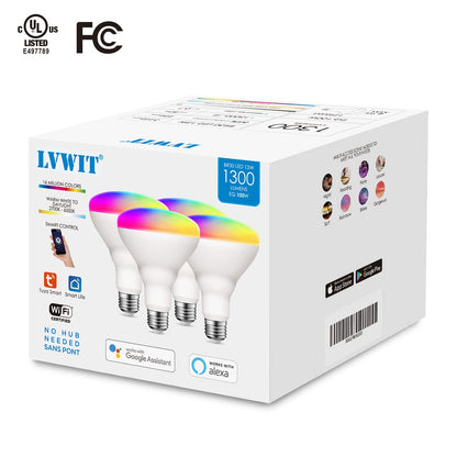 LVWIT Smart Light Bulbs Alexa, BR30 100W Equivalent, E26 Smart LED, Work with Google Assistant, Smart Life App, Tuya App, Dimmable 1300 Lumens RGB Color Changing Bulb (13W), No Hub Required, 4-Pack