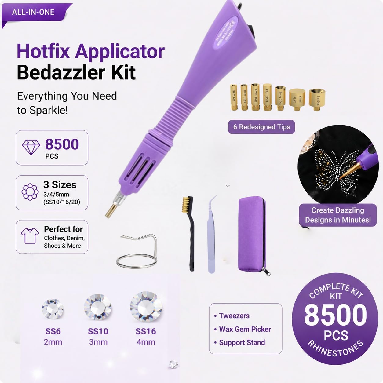 Hotfix Applicator Bedazzler Kit with Rhinestones 8500 Pcs,Rhinestone Setter for Clothes Clothing Fabric Crafts, AB Crystal, Clear, 3 Gems Sizes,Bedazzling Kit Crystals Rhinestone Applicator Tool
