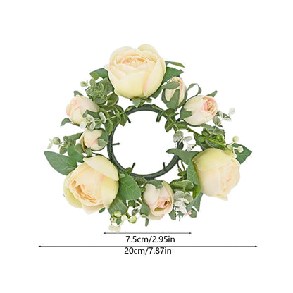 Artificial Rose Candle Rings Wreath Mini Floral Wreaths Pillar Candle Holder with Blooming Flowers and Green Leaves for Wedding Party Home Table Centerpieces Decor (Beige)