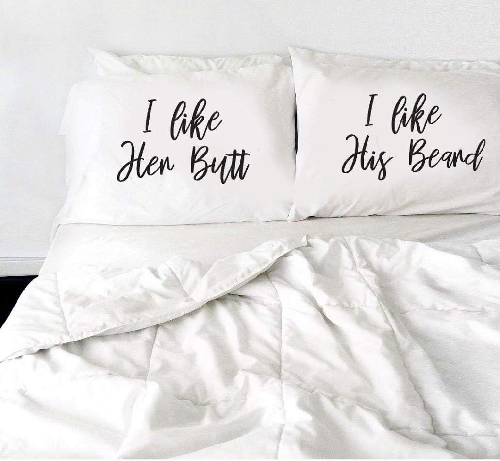 Signatives I Like Her Butt I Like His Beard Pillow Cases, Set of 2 White Pillow Covers for Couples Gifts