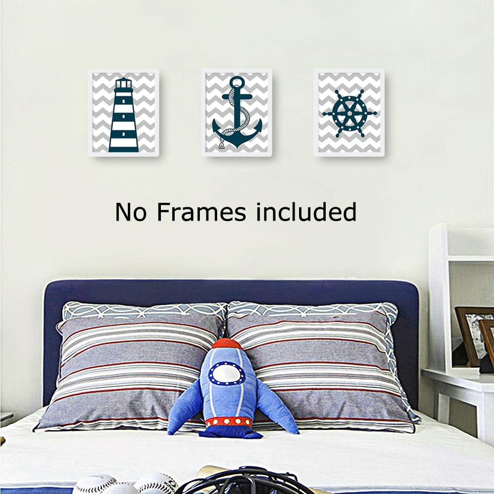 HPNIUB Nautical Art Print Set of 3 (8”X10”), Lighthouse, Steering Wheel, Anchor, Navigation Print for Baby Boy