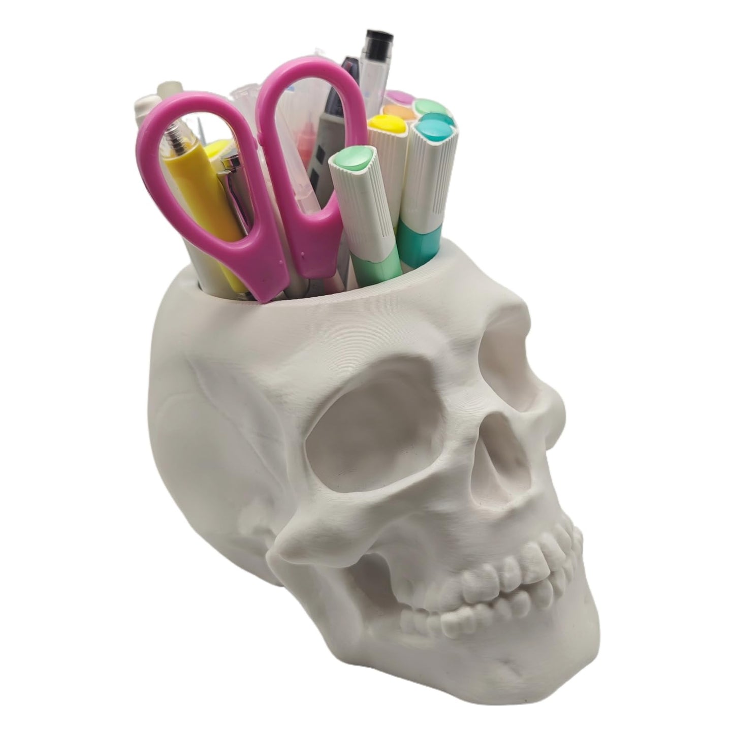 3D Printed Skull Pen Pencil Holder, Makeup Brush Holder, Vanty Desk Office Organzer Goth Decorations Gothic Skulls & Bones Large Capacity Organizer (White)