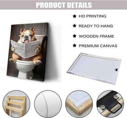 CCWACPP Bulldog Bathroom Wall Art - Funny Animal Canvas Print Reading Newspaper | Framed 12" x 18"