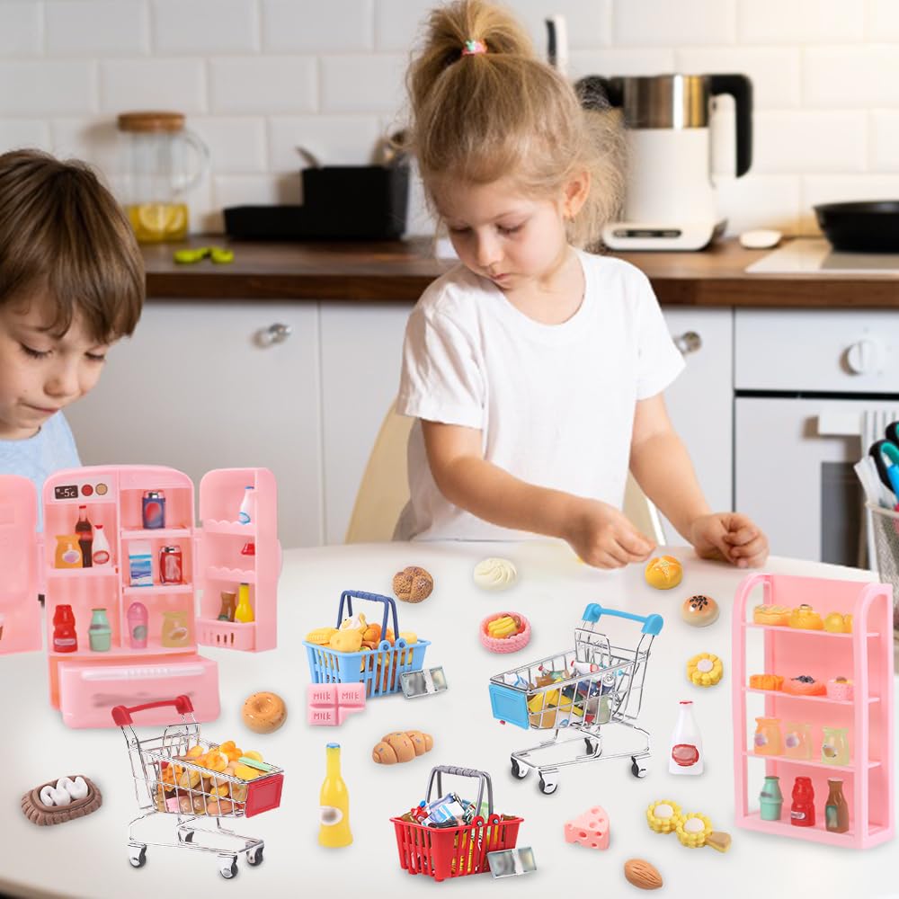 DULEFUN 143pcs Mini Shopping Cart Basket Miniature Food Drink Bottle Toys, Supermarket Shelve Metal Handcart Cash Register for Dollhouse Store AccessoryPretend Play Cosplay Game Kids Party Favor
