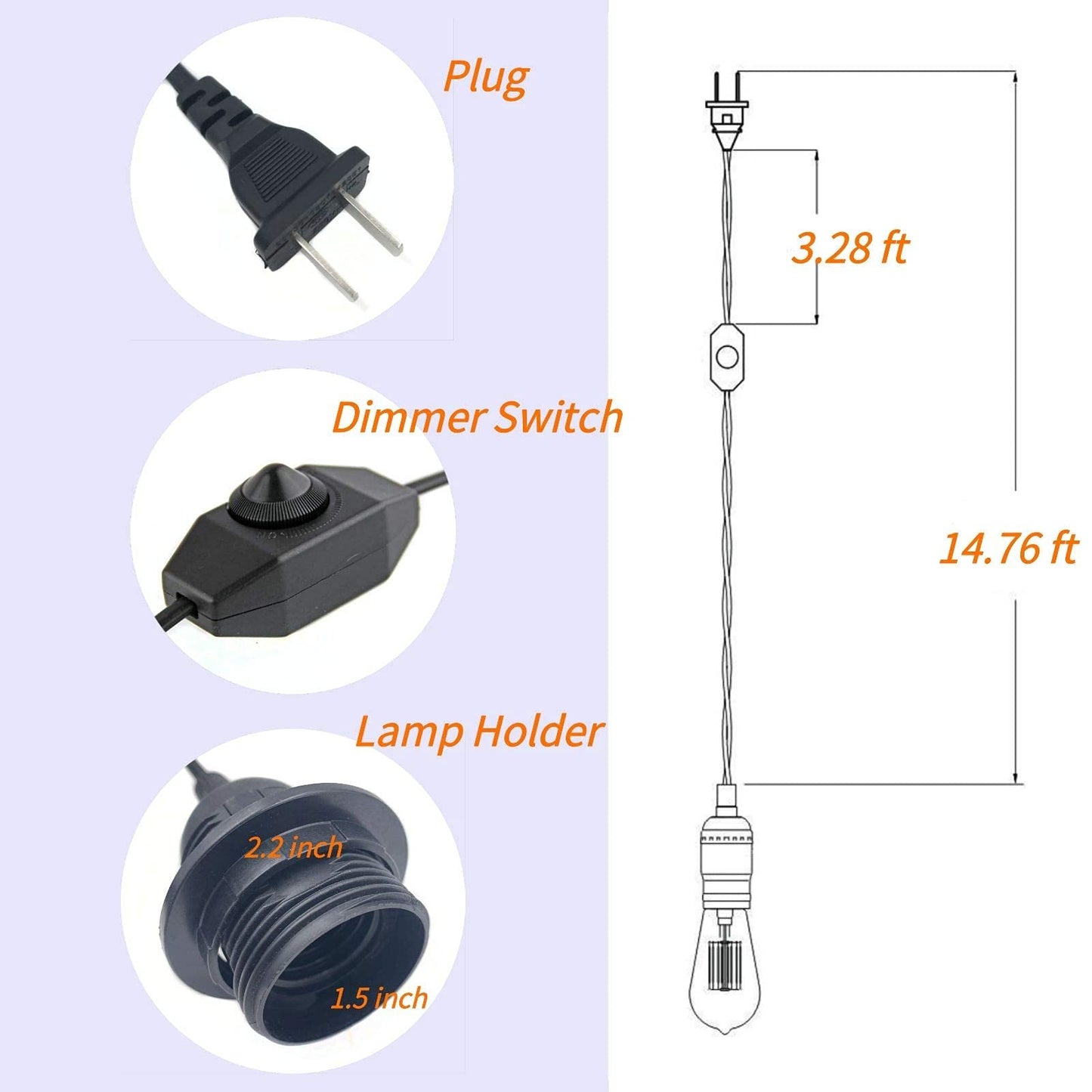 Pendant Light Kit with Dimmer Switch 15 Feet Hanging Lamp Cord Set Plug in Edison Light Bulb Socket Rope for E26 E27 DIY Swag Light Fixtures