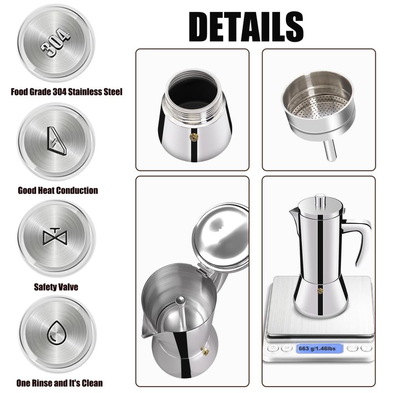 DITOSH 4 Cup Thickened 304 Stainless Steel Moka Pot Stovetop Espresso Maker Cafeteras Italian Percolator Espress Makers Capable Greca Mocha Coffee Machine for Induction Home and Camping 200ml 6.6oz