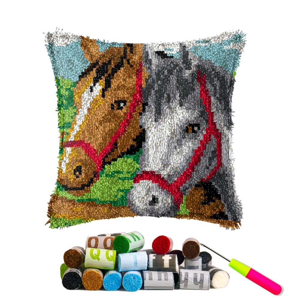DL-YTG Latch Hook Kits Pillow Horse Crochet Yarn Cushion Colour Pre-Printed Canvas Rug Needlework DIY Pillowcase Hook and Latch Kit Christmas Home Arts Crafts Sofa Decoration 42x42cm/17 X17