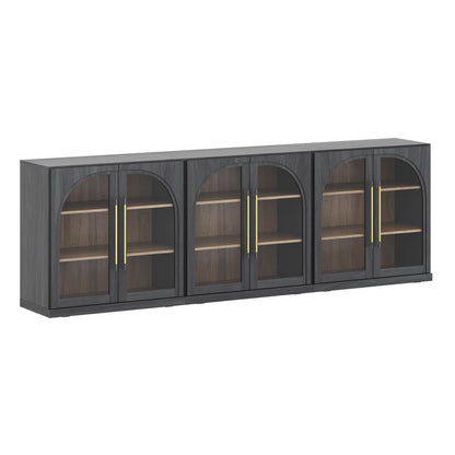 BELLEZE Set of 3 Modular Sideboard with Arched Glass Door, 97'' Accent Display Buffet Cabinet with Storage and Adjustable Shelves,Classic Modern Credenza for Dining Room Living Room Entryway (Ebony)