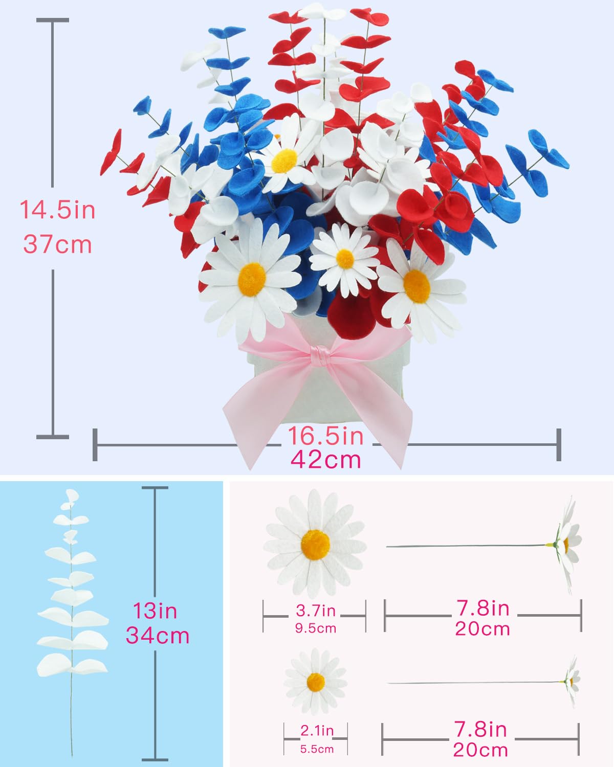 BAZIMA Felt Eucalyptus Daisy Bouquet, Felt Flowers,Multi-Color Felt Leaves,DIY Bouquet,Artificial Flower Bouquet with Flower Pot,Floral Gifts,15 Eucalyptus and 8 Daisies kit(Red, White and Blue)