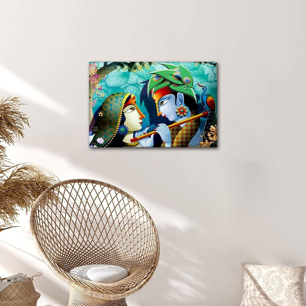 Canvas Wall Art of Lord Krishna, Retro House Decorations, Giclee Framed Stretched Ready to Hang 24"Wx16"H