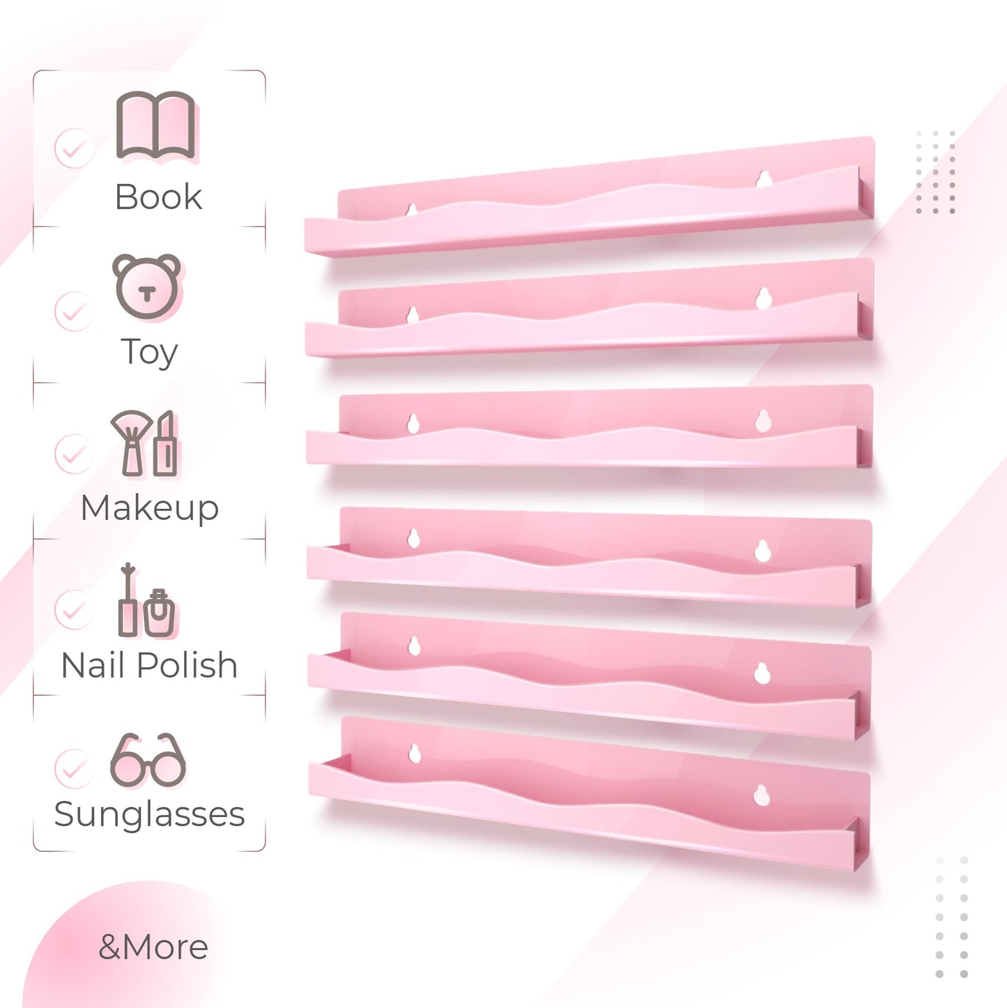 6 Pack Nail Polish Wall Mounted Shelf,15 Inch Nail Polish Floating Shelves for 66-90 Bottles Multi-Purpose,Ideal Gift, Great Display for Salons Retailers,Pink