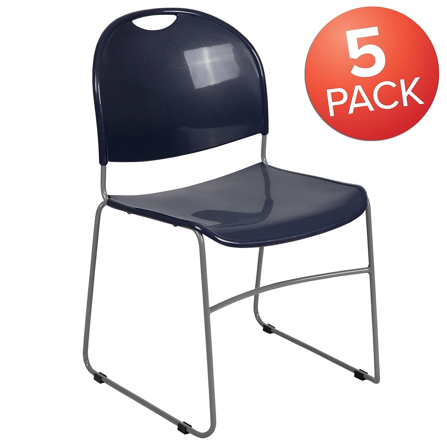Flash Furniture HERCULES Series 5 Pack 880 lb. Capacity Navy Ultra-Compact Stack Chair with Silver Powder Coated Frame