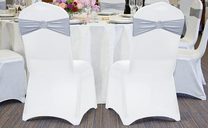 MDS Spandex Foil Chair Sashes - Universal Fit Elastic Stretch Bands with Buckle for Weddings | Metallic Silver (Pack of 10)