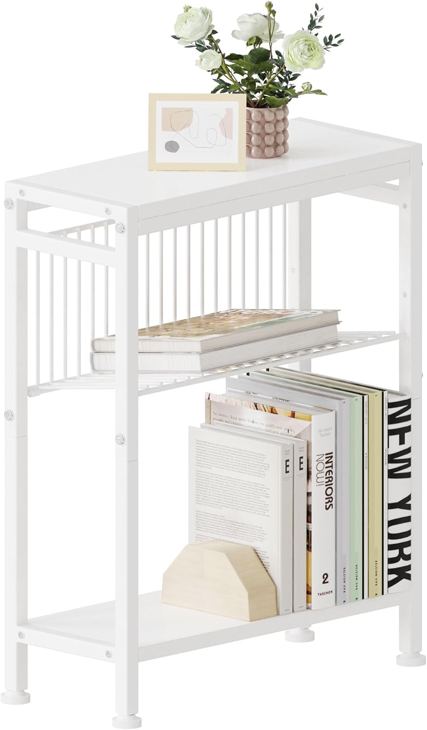 2 1 Side Table for Small Spaces, Narrow End Table with Magazine Holder, in Design Slim Side Table, Skinny Nightstand