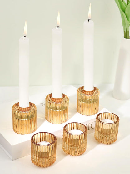 CHOCSTAY Reversible Amber Glass Candle Holder Set of 6, Thick Heat-Resistant Glass Candlestick Holders for Taper, Tealight, Votive, LED Candles, Perfect for Wedding, Party, Home Décor