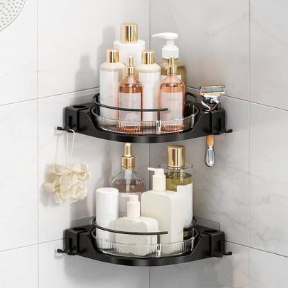 nohozi 360Rotating Caddy(2-Pack), Corner Shower No-Drill Adhesive Shower Shelf Organizer with Hooks, Lazy Susan
