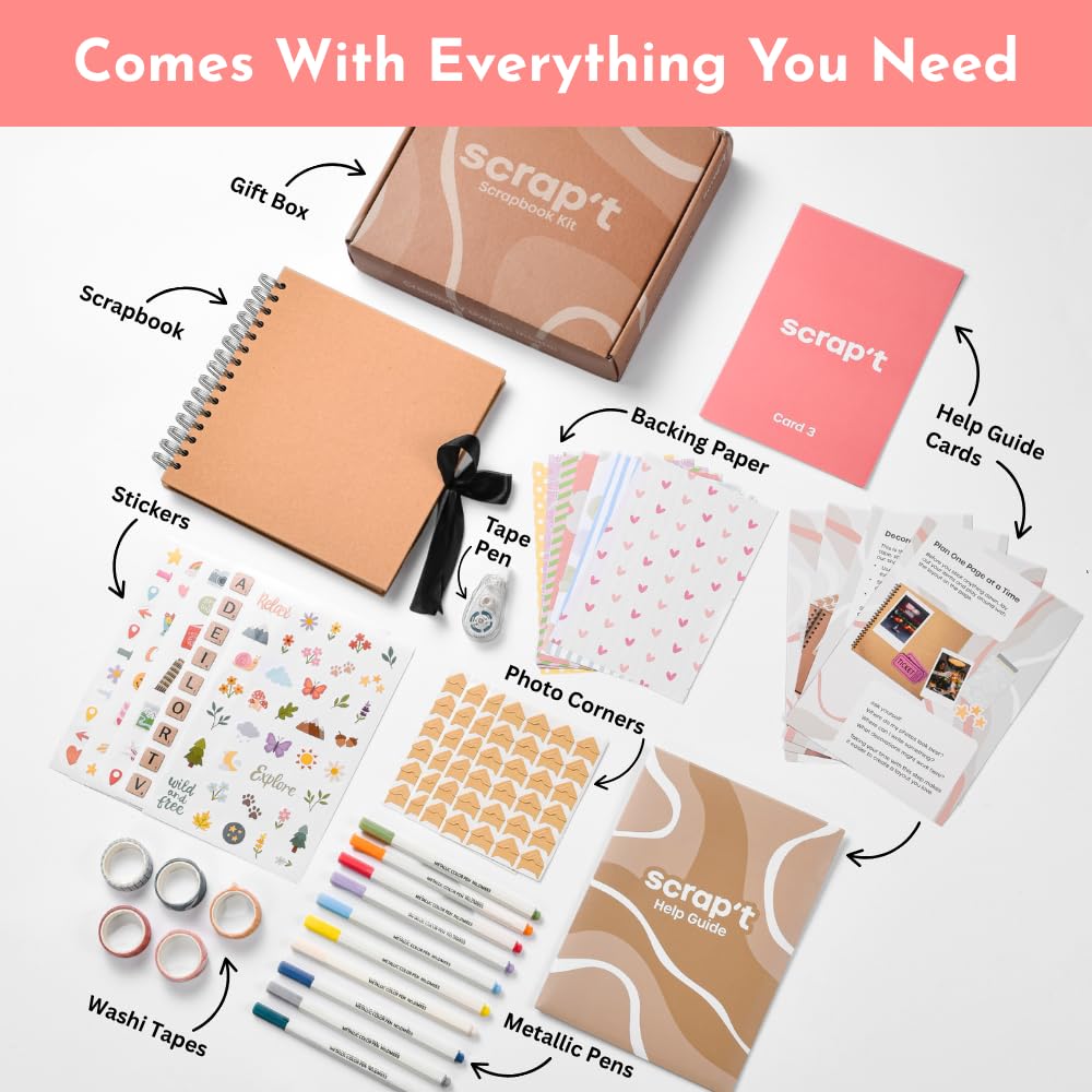 Scrapbook Kit - 80 Page Photo Album DIY Scrapbook - Holds 300+ Photos, with Metallic Pens, 150+ Stickers, Glue Pen, Washi Tapes, Backing Paper, Photo Corner Stickers (Starter Kit - 8 x 8 Inch, Kraft)