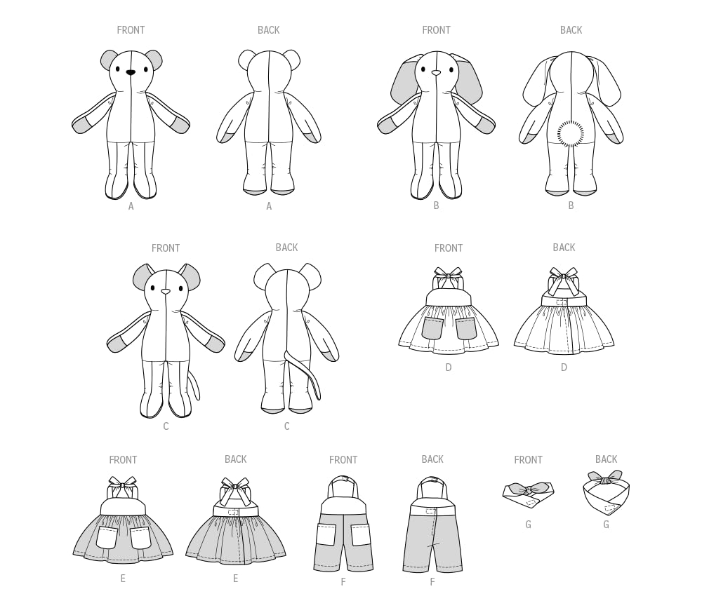 McCall's M8422OS Plush Bear, Bunny and Mouse with Clothes and Headband Sewing Pattern Kit, Design Code M8422, One Size Each