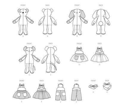 McCall's M8422OS Plush Bear, Bunny and Mouse with Clothes and Headband Sewing Pattern Kit, Design Code M8422, One Size Each