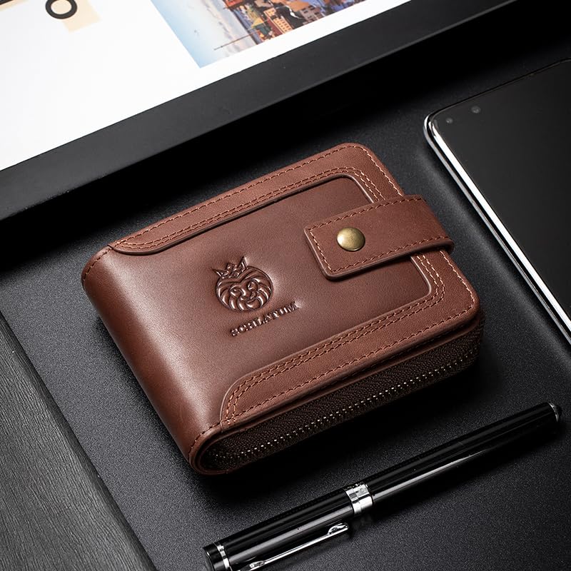 SCHLATUM Genuine Leather Zipper Wallet for Men RFID Blocking Large Capacity Vintage Wallet with Coin Pocket ID Window, Coffee