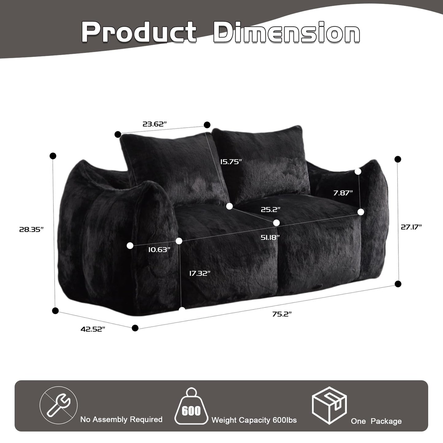 wisenook 75.2" Giant Bean Bag Chair for Adults, Ultra Soft Fluffy Loveseat Bean Bag Sofa, Oversized Floor Sofa for Living Room Bedroom, Cozy Reading Chair with 2 Pillows and Filler, Black
