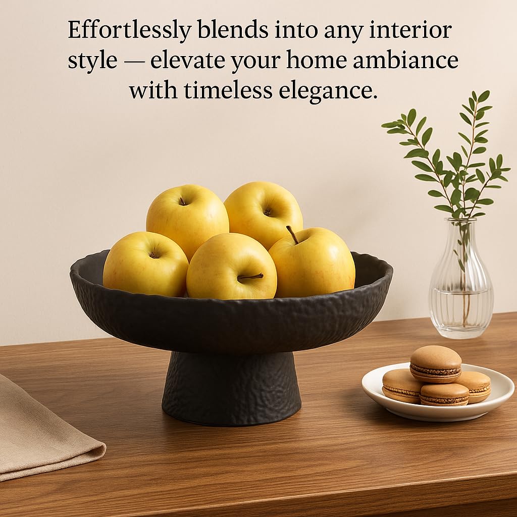Fruit Bowl for kitchen decor Counter, 10.4‘’Large Decorative Bowl, Modern Display key bowls, High Foot Serving Blows with Irregular Edge Design, High-Temperature Fired Thickened Glass Bowl, Black