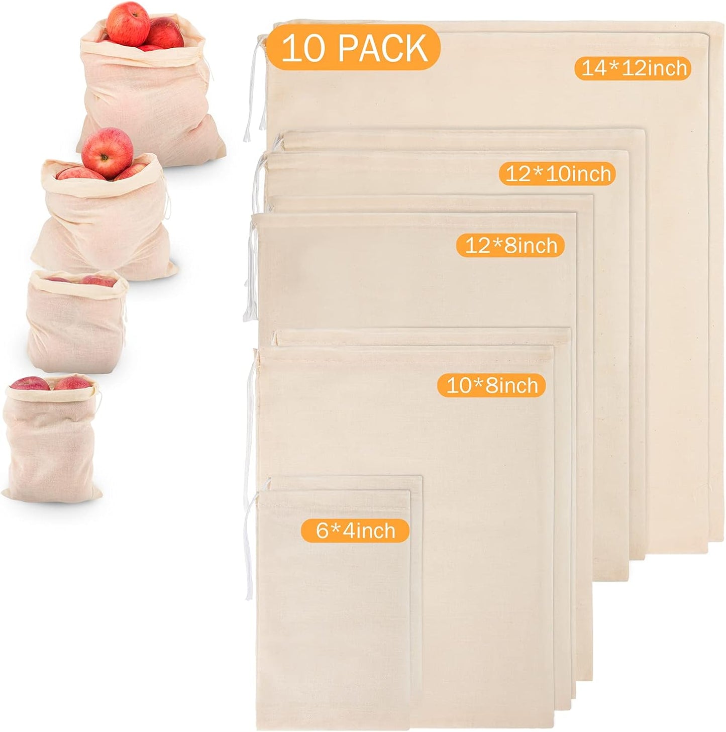 Chielor 10 Pack Nut Milk Bag, Multi-size Fine Mesh Grade Reusable Cheesecloth Bags Strainers, Unbleached Organic Cotton