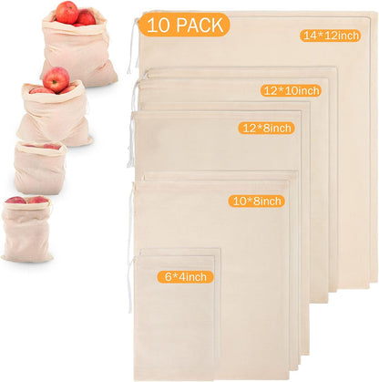 Chielor 10 Pack Nut Milk Bag, Multi-size Fine Mesh Grade Reusable Cheesecloth Bags Strainers, Unbleached Organic Cotton