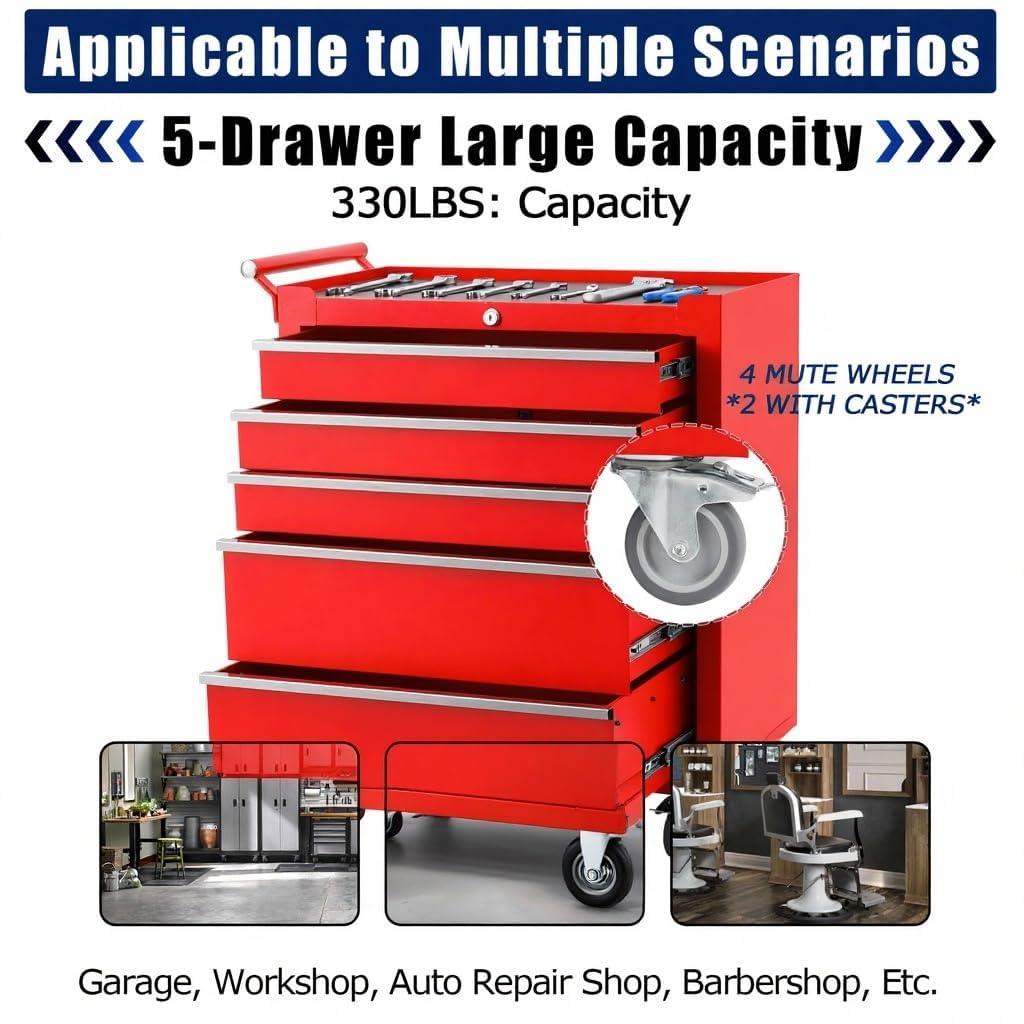 4-Drawer Rolling Tool Chest with Locking System, Portable Tool Storage Cabinet on Wheels, Secure Organizer Tool Box for Garage, Warehouse, Workshop, and Repair Shop, Heavy Duty Mobile Storage Solution