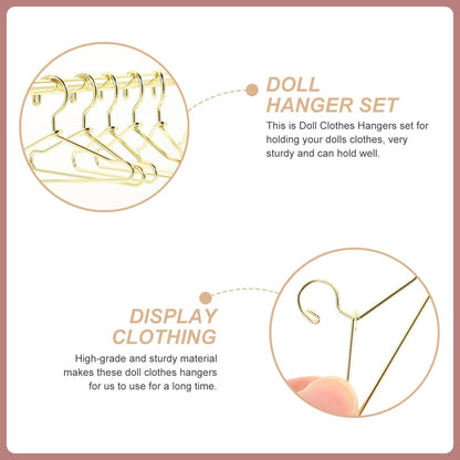 STOBOK Miniature Doll Garment Rack with 10Pcs Mini Clothes Hangers Mini Doll Dress Clothing Display Rack Metal Dollhouse Furniture Bedroom,Living Room,Shower Accessories Supplies, Golden 5.9x4.7in