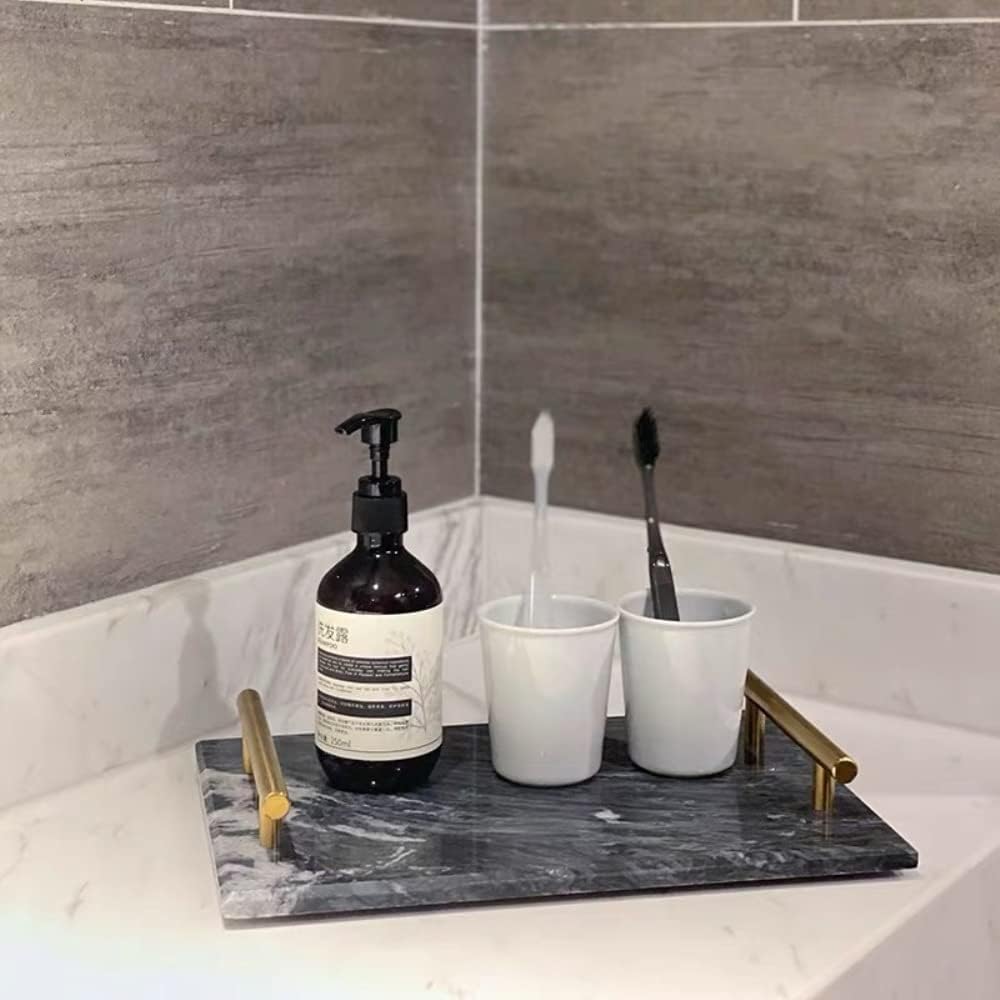 Black Real Marble Tray with Golden Handle, Decorative Natural Stone Tray for Bathroom, Kitchen, Vanity, Nightstand