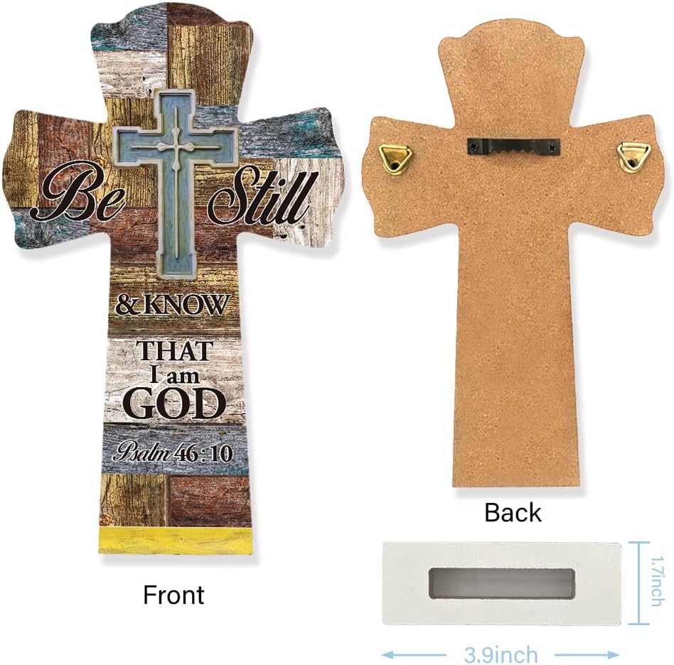 Qswo Wood Cross for Wall,Be Still and Know That I AM God Wooden Cross for Christian Home Room Shelf Wall Decor