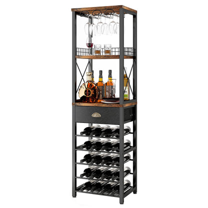 Homeiju Wine Rack Freestanding Floor, Bar Cabinet for Liquor and Glasses, 4-Tier bar Cabinet with Tabletop, Glass Holder, Storage Drawer and Wine Storage for Living Room (Patent No.D29872845)