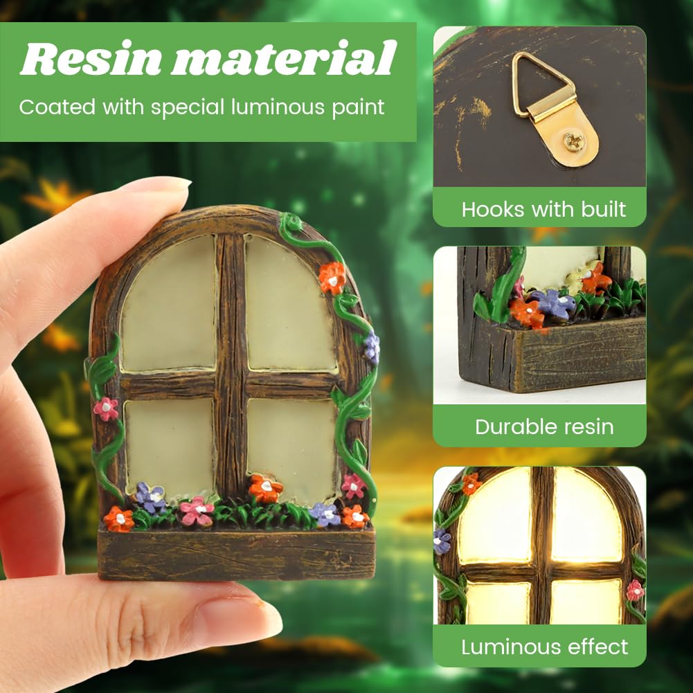NOVYQREN Miniature Fairy Door and Windows Garden Kit Accessories,Glow in The Dark Fairy Door Windows Yard Art Sculpture Decoration Garden Decor(Wood)