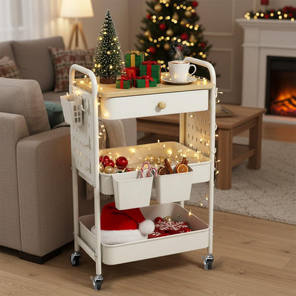 danpinera Rolling Utility Cart with Drawer, 3 Tier Rolling Cart with Wheels, Hooks & Hanging Cups, Craft Cart Art Cart Snack Cart Rolling Storage Cart with Wooden Table Top & DIY Pegboards, White