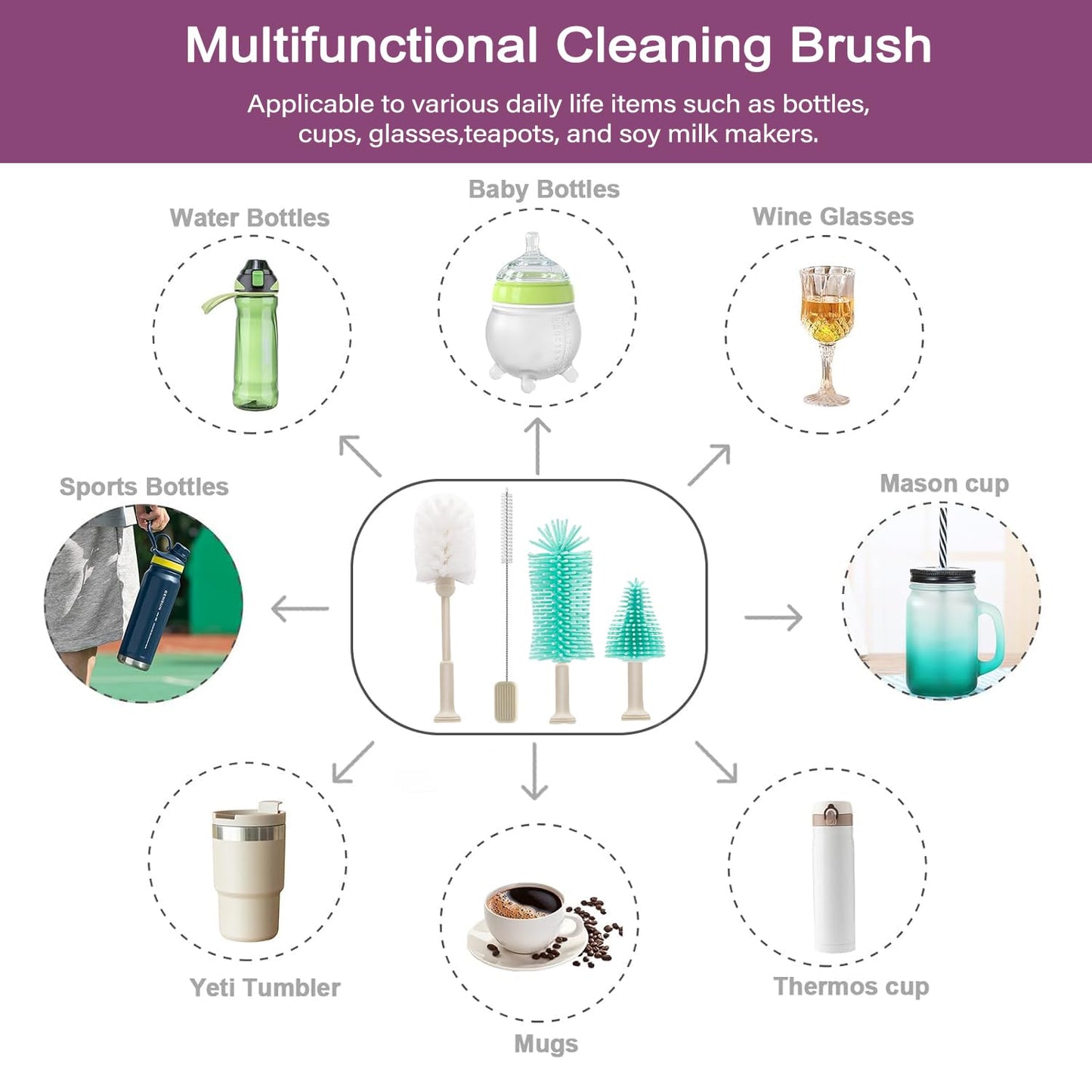 5 in 1 Electric Bottle Brush Cleaner Compatible Stanley Bottle Brush Straw Cleaner Multifunction Rechargeable IPX6 Waterproof Extra Long Design for Stanley Cup, Sports Bottle and More (Purple-1)