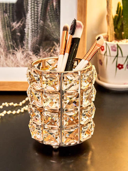 JOSALINAS Golden Crystal Makeup Brushes Holder Organizer for Cosmetics Comb Brushes, Eyebrow Pen Pencil Storage Case Container, Golden