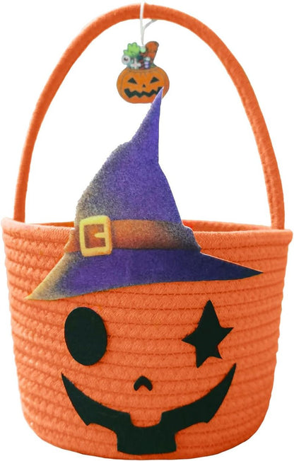 Halloween Pumpkin Basket for Kids, Woven Rope Candy Basket, Halloween Decorations, Small Woven Rope Basket bins, Orange